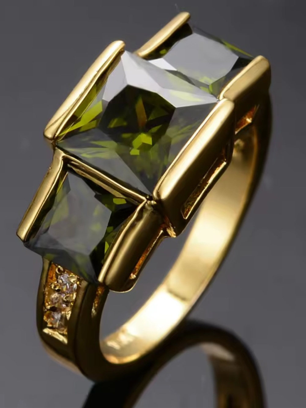 18K Gold Plated Princess Cut Peridot Ring with Green CZ Stones - Women's Jewelry